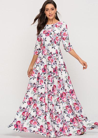 Vestido Longo Floral Fundo Branco Manga Longa