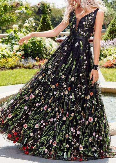 Vestido Longo Tule Bordado Flores
