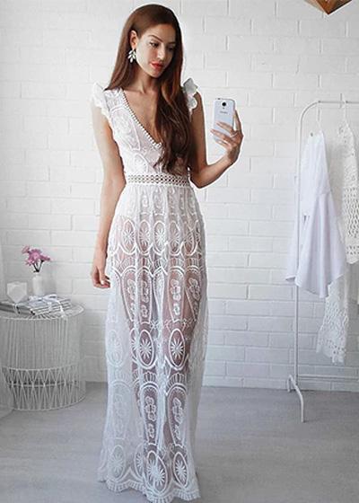 Vestido Longo de Renda Branco com Transparencia