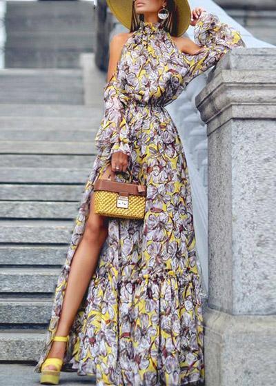 Vestido Longo Ombro Vazado Longo Estampado Gola Alta