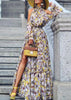 Vestido Longo Ombro Vazado Longo Estampado Gola Alta