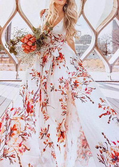 Vestido Longo Floral Fundo Branco com Fenda