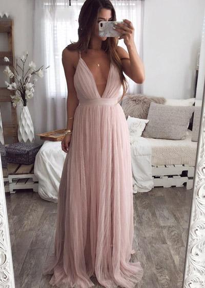Vestido Tule Rosa Longo Decotado Festa