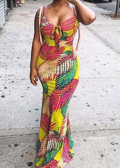 Vestido Sereia Longo Florido com Amarração no Decote