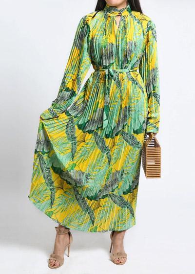 Vestido Longo Plissado Estampado Manga Longa Evangélica