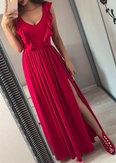 Vestido Longo Festa com Babado e Fenda