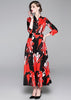 Vestido Longo Estampado Floral Preto Vermelho com Manga