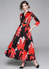 Vestido Longo Estampado Floral Preto Vermelho com Manga