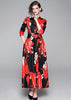 Vestido Longo Estampado Floral Preto Vermelho com Manga