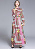 Vestido Longo Floral Rosa Manga Longa Gola Polo