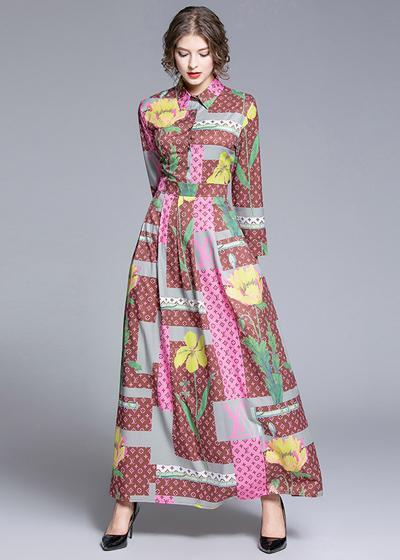 Vestido Longo Floral Rosa Manga Longa Gola Polo