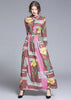 Vestido Longo Floral Rosa Manga Longa Gola Polo