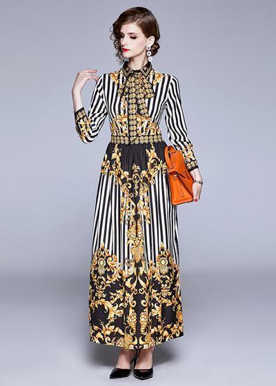 Vestido Longo Manga Longa Estampado com Amarração