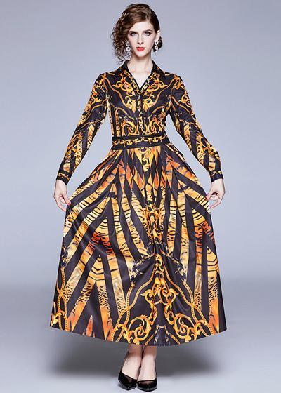 Vestido Longo Estampado com Manga Fundo Preto