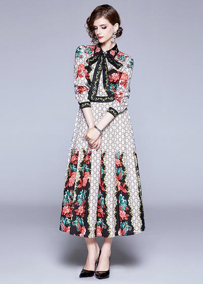 Vestido Longo Evasê Estampado Gola Laço Evangelico