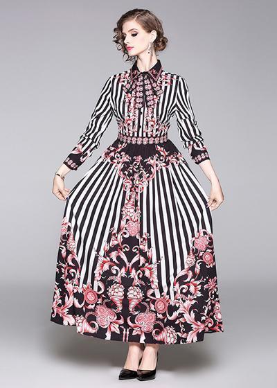 Vestido Longo Estampado Gola Polo com Manga