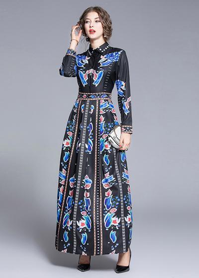 Vestido Longo Estampado Fundo Preto Manga Longa