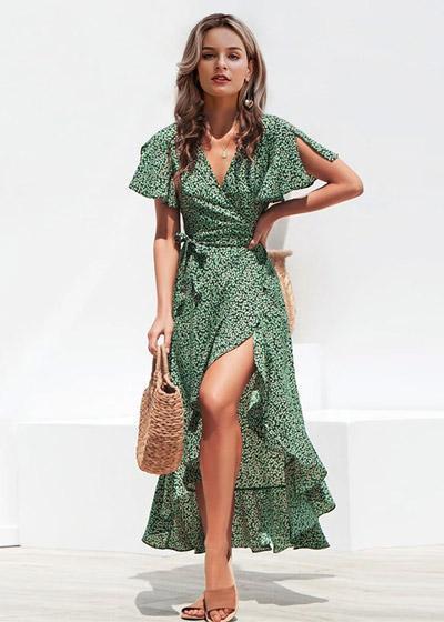 Vestido Envelope Transpassado Longo com Babado