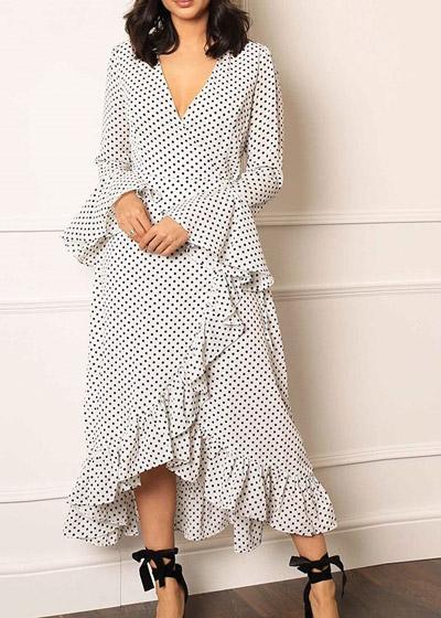Vestido Longo Transpassado Manga Flare com Babado