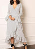 Vestido Longo Transpassado Manga Flare com Babado