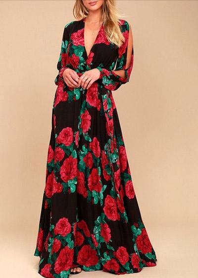 Vestido Boho Longo Florido Manga Longa