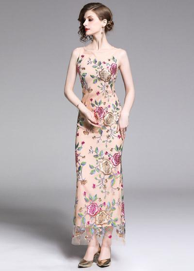 Vestido Longo Tule Bordado Flores para Festa