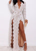 Vestido Longo de Renda com Fenda e Manga