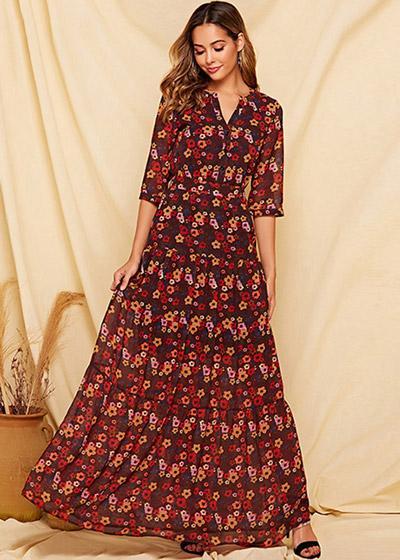 Vestido Longo Estampa Etnica Meia Manga