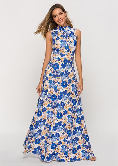 Vestido Longo Casual Estampado Floral Gola Alta