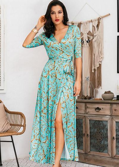 Vestido Longo Estampado Transpassado com Amarração