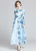 Vestido Longo Estampado Azul com Manga