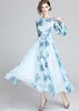Vestido Longo Estampado Azul com Manga