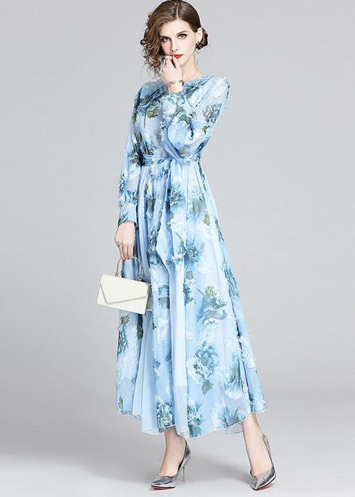 Vestido Longo Estampado Azul com Manga