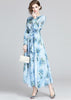 Vestido Longo Estampado Azul com Manga