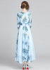 Vestido Longo Estampado Azul com Manga