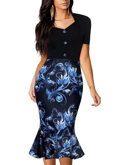 Vestido Peplum Preto e Estampado