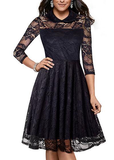 Vestido De Renda Evase Gola Peter Pan