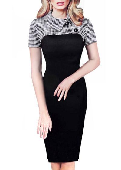 Vestido Tubinho Pied de Poule Gola Peter Pan