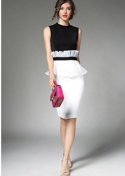 Vestido Midi Peplum Preto e Branco
