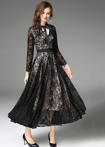 Vestido Midi Renda Preto com Laço na Gola