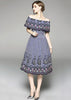 Vestido Listrado Midi Ombro a Ombro com Bordado