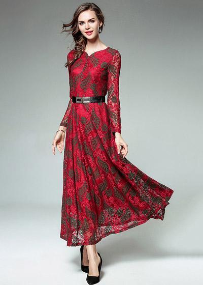Vestido Longo de Renda com Cinto