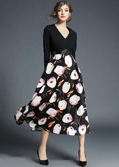 Vestido com Blusa Lisa e Saia Estampada
