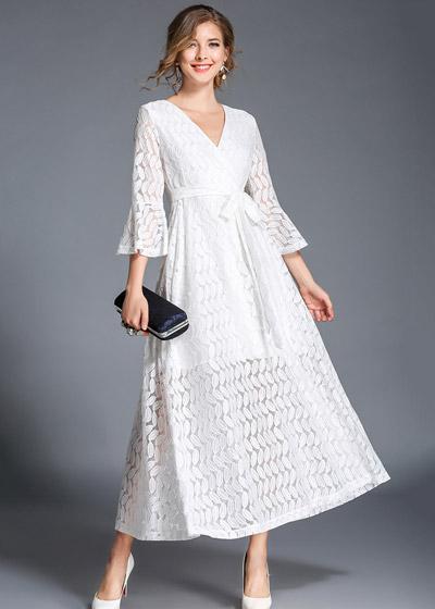 Vestido Renda Midi Manga Flare