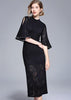 Vestido Tubinho Preto Midi Manga Flare