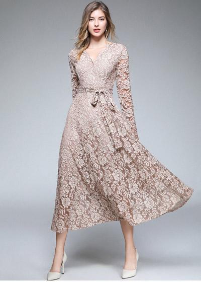Vestido Midi Renda Guipir com Amarração na Cintura