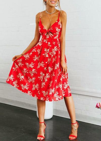 Vestido Evasê Midi Estampado Amarração Busto