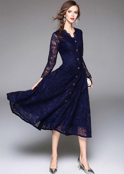 Vestido Renda Midi com Botões na Frente