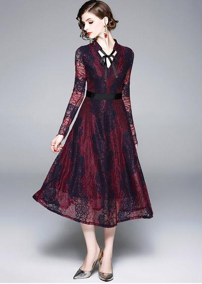 Vestido Evase Midi Renda Decote Laço