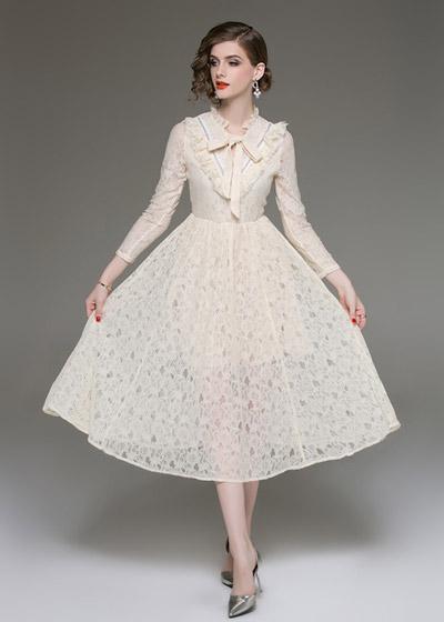 Vestido Evangélico Midi Renda Festa Gola Laço